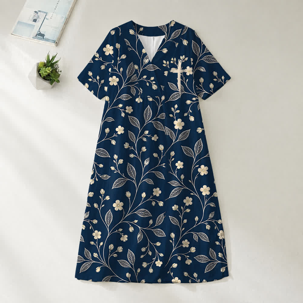 Christianartworkshop Summer Oversized Floral Print Cross Graphic V-Neck Short Sleeve Midi Dress - Vine - 4XL - image 4