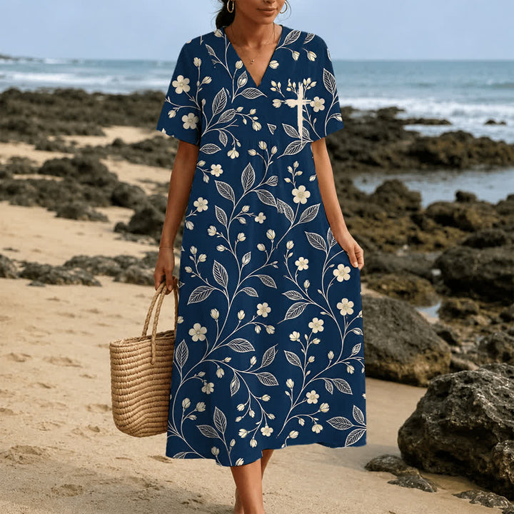 Christianartworkshop Summer Oversized Floral Print Cross Graphic V-Neck Short Sleeve Midi Dress - image 7