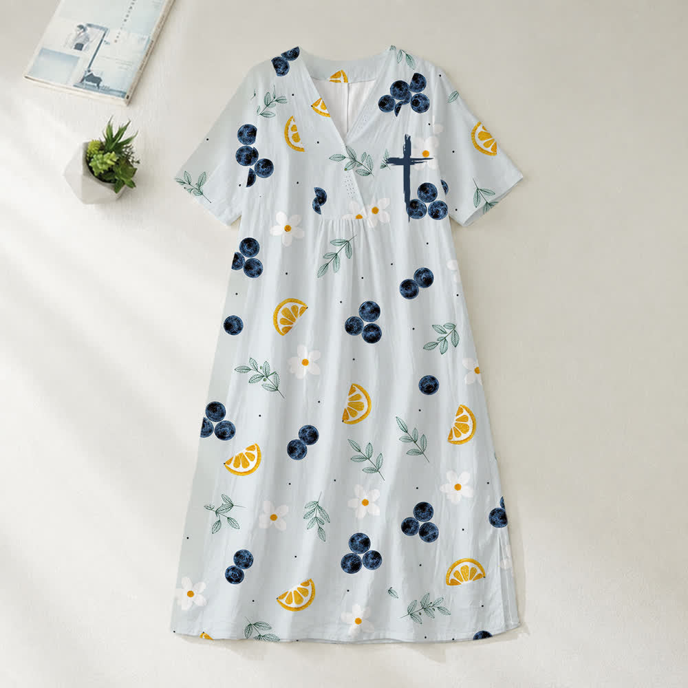 Christianartworkshop Summer Oversized Floral Print Cross Graphic V-Neck Short Sleeve Midi Dress - Blueberry & Lemon - 4XL - image 8