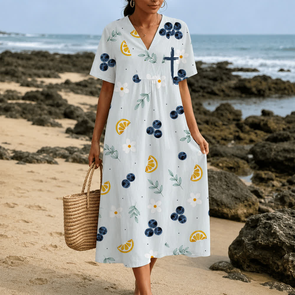 Christianartworkshop Summer Oversized Floral Print Cross Graphic V-Neck Short Sleeve Midi Dress - image 10
