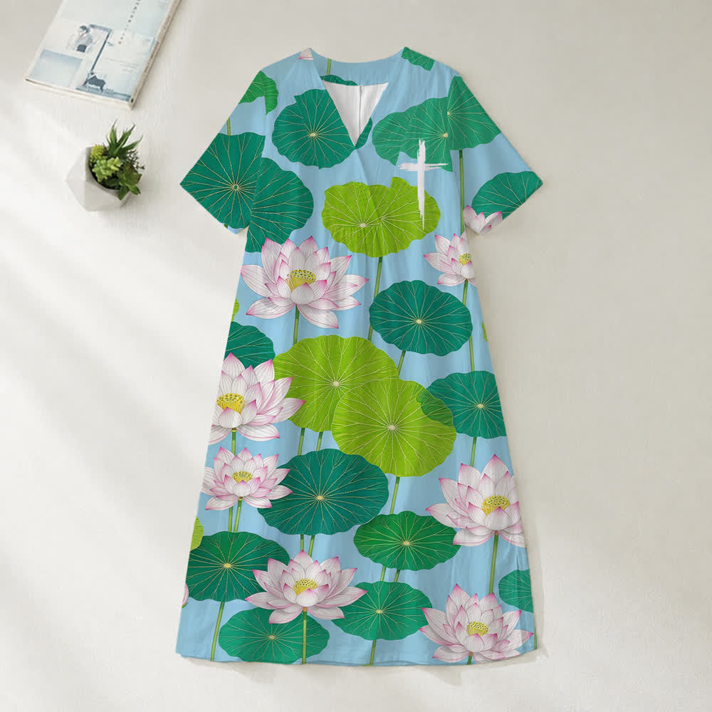 Christianartworkshop Summer Oversized Floral Print Cross Graphic V-Neck Short Sleeve Midi Dress - Lotus - 4XL - image 12