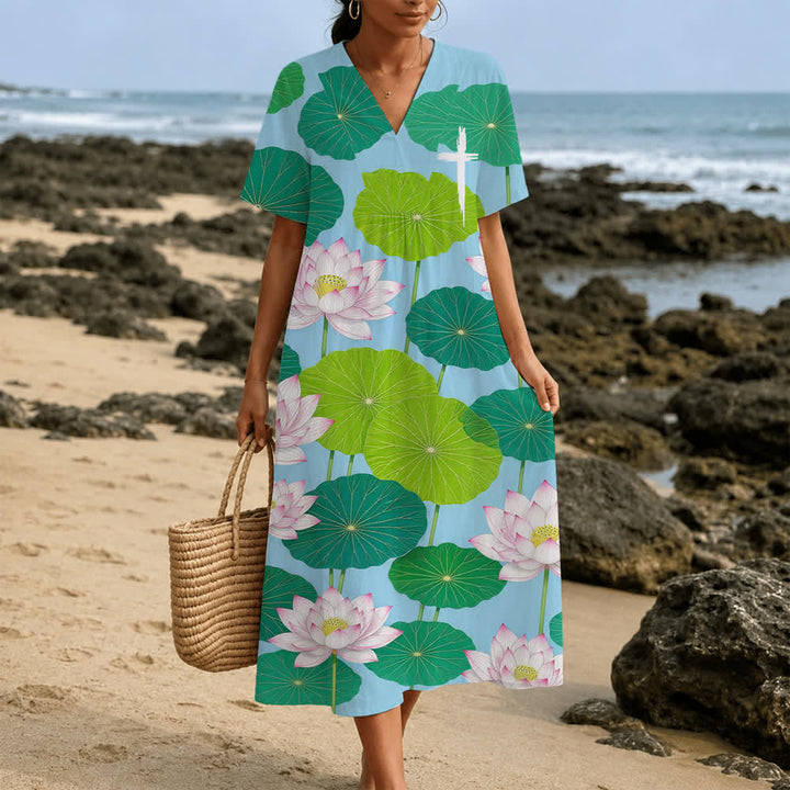 Christianartworkshop Summer Oversized Floral Print Cross Graphic V-Neck Short Sleeve Midi Dress - image 14