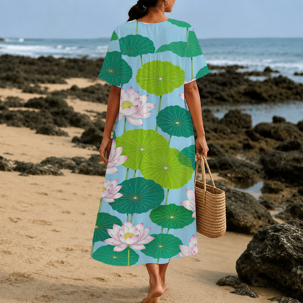 Christianartworkshop Summer Oversized Floral Print Cross Graphic V-Neck Short Sleeve Midi Dress - image 15