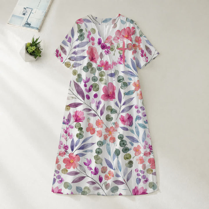 Christianartworkshop Summer Oversized Floral Print Cross Graphic V-Neck Short Sleeve Midi Dress - Watercolor Floral - 4XL - image 16