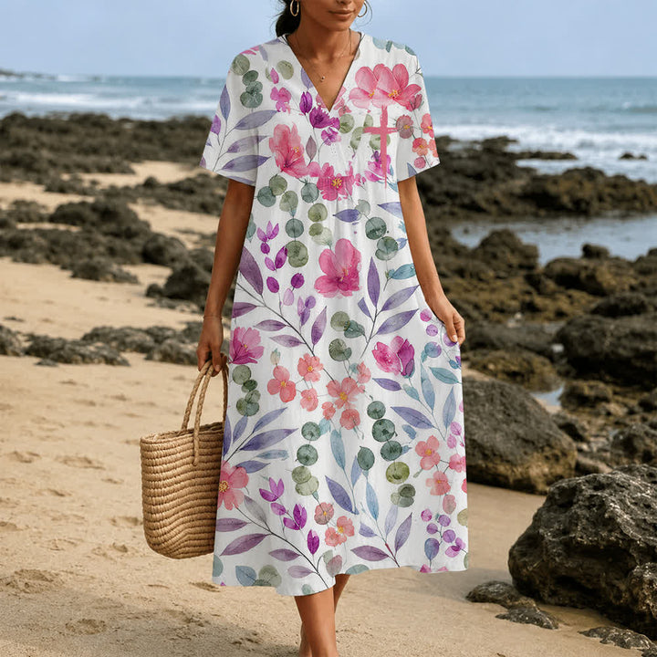 Christianartworkshop Summer Oversized Floral Print Cross Graphic V-Neck Short Sleeve Midi Dress - image 18