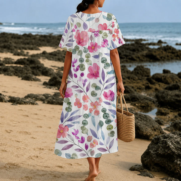 Christianartworkshop Summer Oversized Floral Print Cross Graphic V-Neck Short Sleeve Midi Dress - image 19