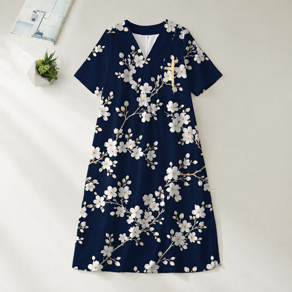 Christianartworkshop Summer Oversized Floral Print Cross Graphic V-Neck Short Sleeve Midi Dress - Cherry - 4XL - image 20