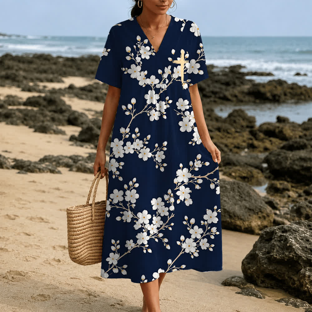 Christianartworkshop Summer Oversized Floral Print Cross Graphic V-Neck Short Sleeve Midi Dress - image 23