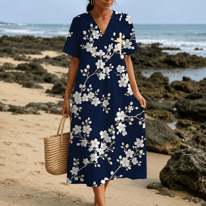 Christianartworkshop Summer Oversized Floral Print Cross Graphic V-Neck Short Sleeve Midi Dress - image 23