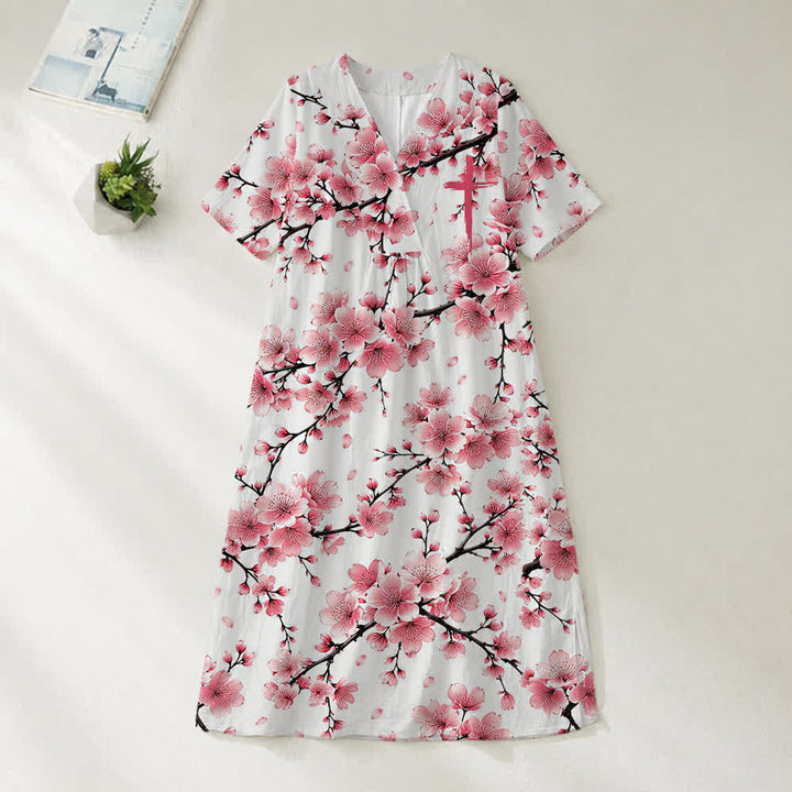 Christianartworkshop Summer Oversized Floral Print Cross Graphic V-Neck Short Sleeve Midi Dress - Sakura - 4XL - image 24