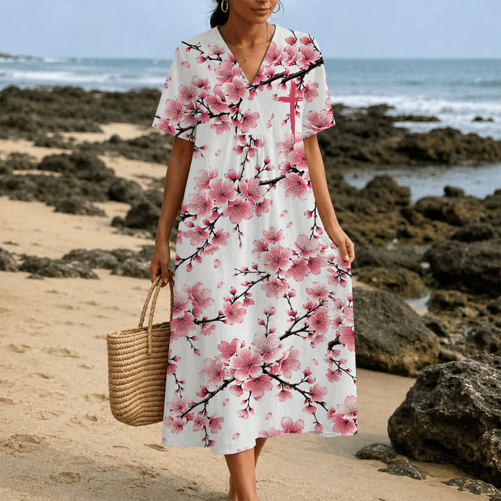 Christianartworkshop Summer Oversized Floral Print Cross Graphic V-Neck Short Sleeve Midi Dress - image 26