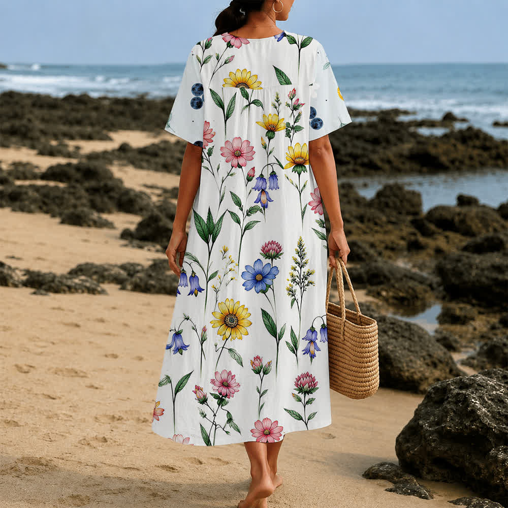 Christianartworkshop Summer Oversized Floral Print Cross Graphic V-Neck Short Sleeve Midi Dress - image 31