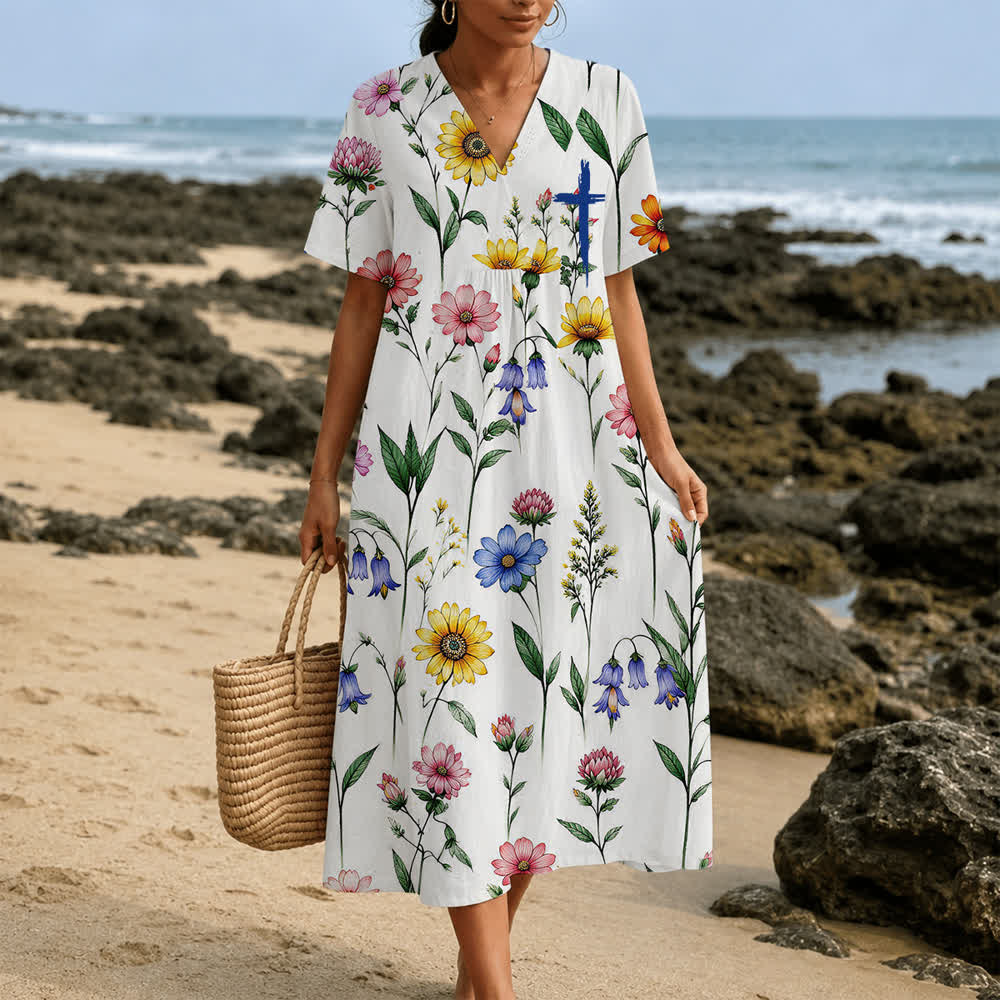 Christianartworkshop Summer Oversized Floral Print Cross Graphic V-Neck Short Sleeve Midi Dress - image 30