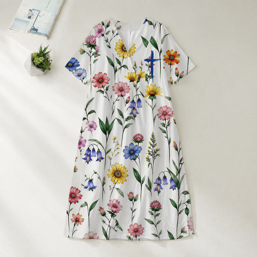 Christianartworkshop Summer Oversized Floral Print Cross Graphic V-Neck Short Sleeve Midi Dress - Wildflower - 4XL - image 28