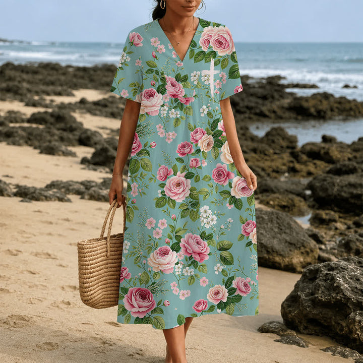 Christianartworkshop Summer Oversized Floral Print Cross Graphic V-Neck Short Sleeve Midi Dress - image 34