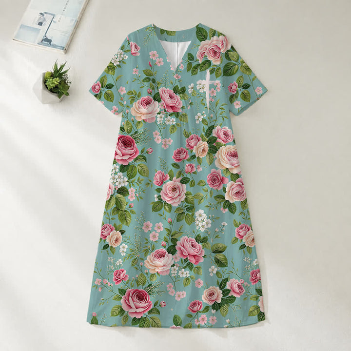 Christianartworkshop Summer Oversized Floral Print Cross Graphic V-Neck Short Sleeve Midi Dress - Rose - 4XL - image 32