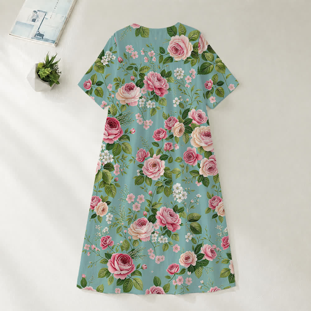 Christianartworkshop Summer Oversized Floral Print Cross Graphic V-Neck Short Sleeve Midi Dress - image 33
