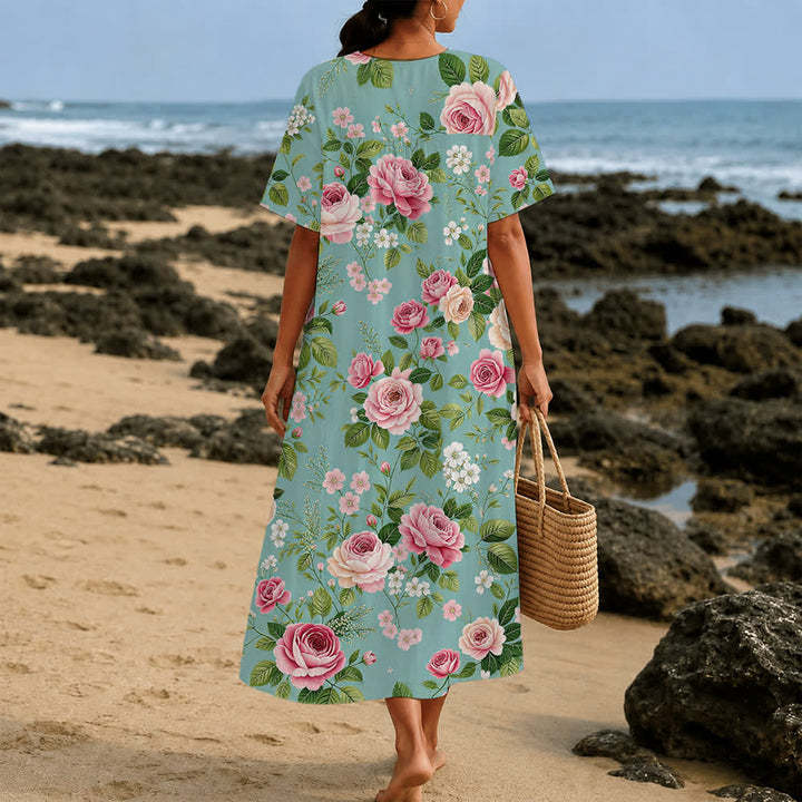 Christianartworkshop Summer Oversized Floral Print Cross Graphic V-Neck Short Sleeve Midi Dress - image 35