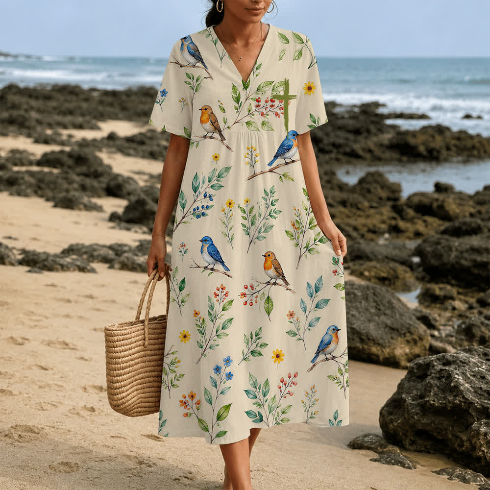 Christianartworkshop Summer Oversized Floral Print Cross Graphic V-Neck Short Sleeve Midi Dress - image 38
