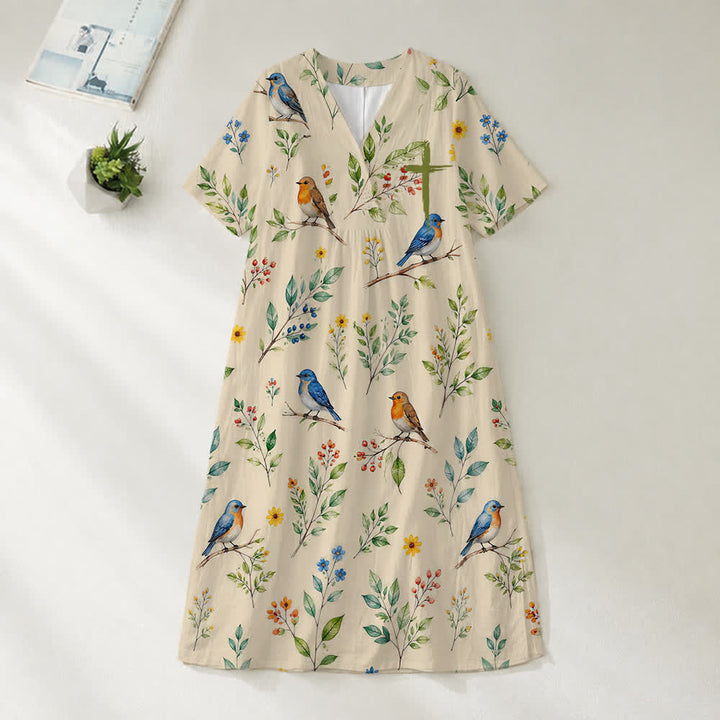 Christianartworkshop Summer Oversized Floral Print Cross Graphic V-Neck Short Sleeve Midi Dress - Chirp - 4XL - image 36