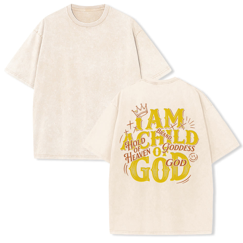 Christianartworkshop I Am A Child Of God Crown Cross Smile Accent Couple Matching Back Print Vintage Washed Unisex T-Shirt - Beige - 5XL - image 1