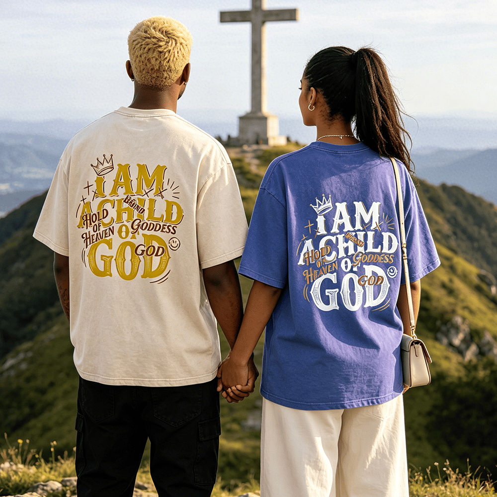 Christianartworkshop I Am A Child Of God Crown Cross Smile Accent Couple Matching Back Print Vintage Washed Unisex T-Shirt - image 0