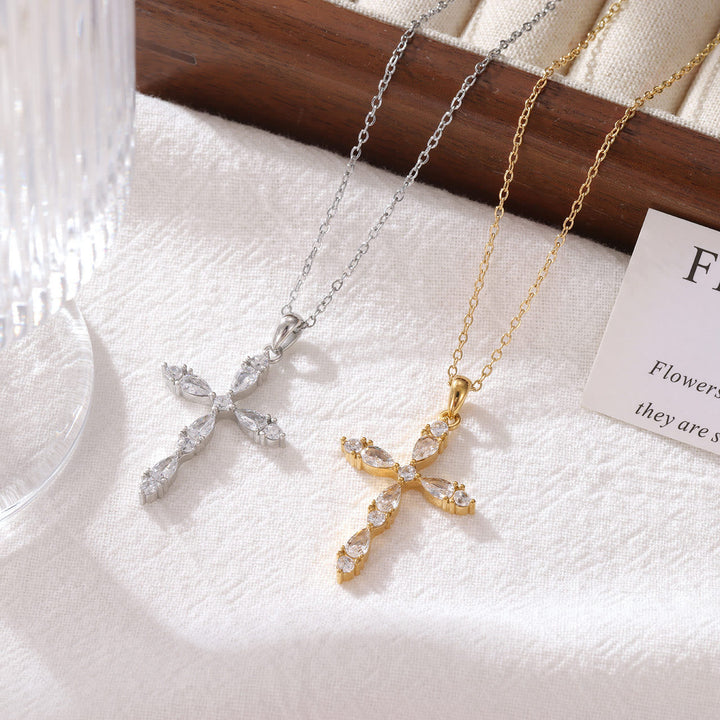 Christianartworkshop Pear Zircon Inlaid Dual Tone Cross Pendant Necklace: Emblem of Shimmering Gentle Grace - image 0