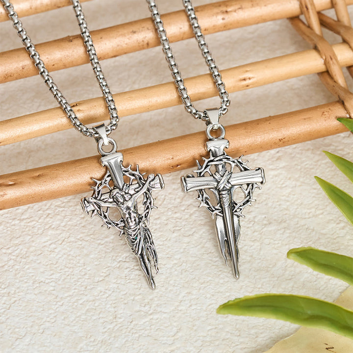 Christianartworkshop Embossed Thorn Crown Crucifix Box Chain Necklace: Emblem of Sacrifice and Redeeming Mercy - image 1