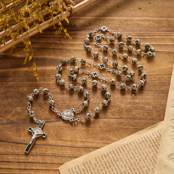 Christianartworkshop Spotted Natural Stone St.Benedict Crucifix Prayer Rosary: Emblem of Prayerful Protection & Redeeming Mercy - Our Lady & Crucifix - image 0