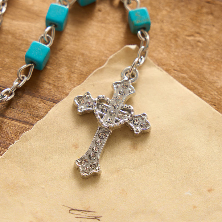 Christianartworkshop Cube Turquoise Bead Crystal Border Our Lady Prayer Rosary: Emblem of Gentle Heavenly Protection - image 5