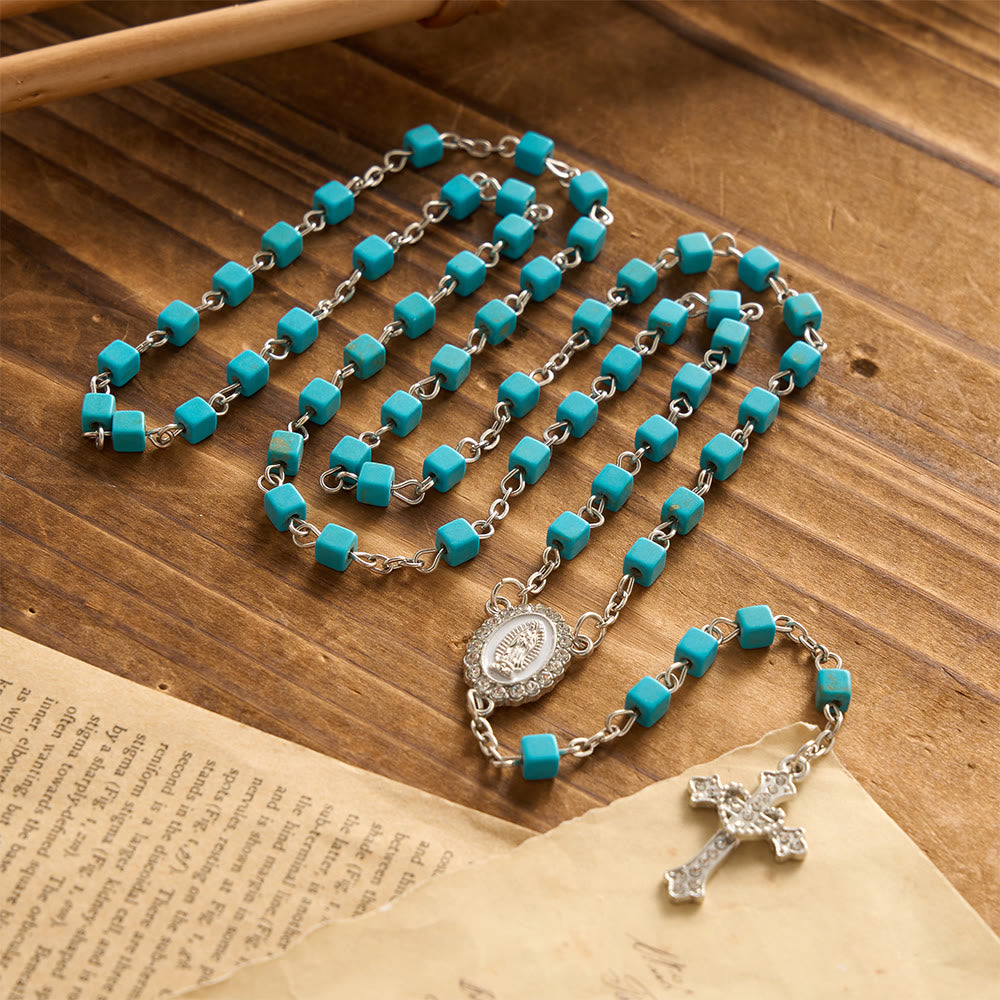 Christianartworkshop Cube Turquoise Bead Crystal Border Our Lady Prayer Rosary: Emblem of Gentle Heavenly Protection - Our Lady & Cross - image 0