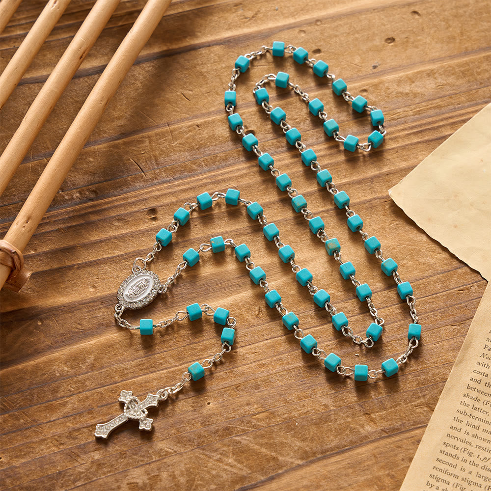Christianartworkshop Cube Turquoise Bead Crystal Border Our Lady Prayer Rosary: Emblem of Gentle Heavenly Protection - image 2