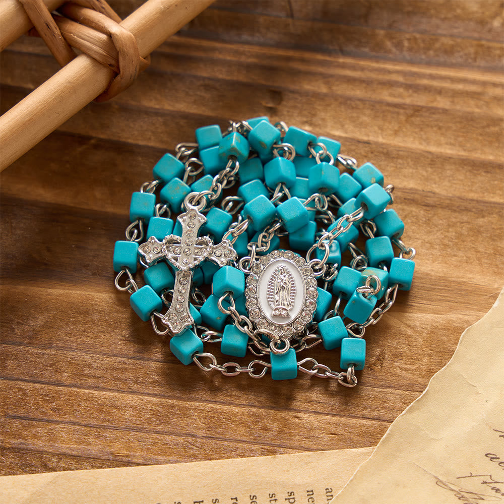 Christianartworkshop Cube Turquoise Bead Crystal Border Our Lady Prayer Rosary: Emblem of Gentle Heavenly Protection - image 1