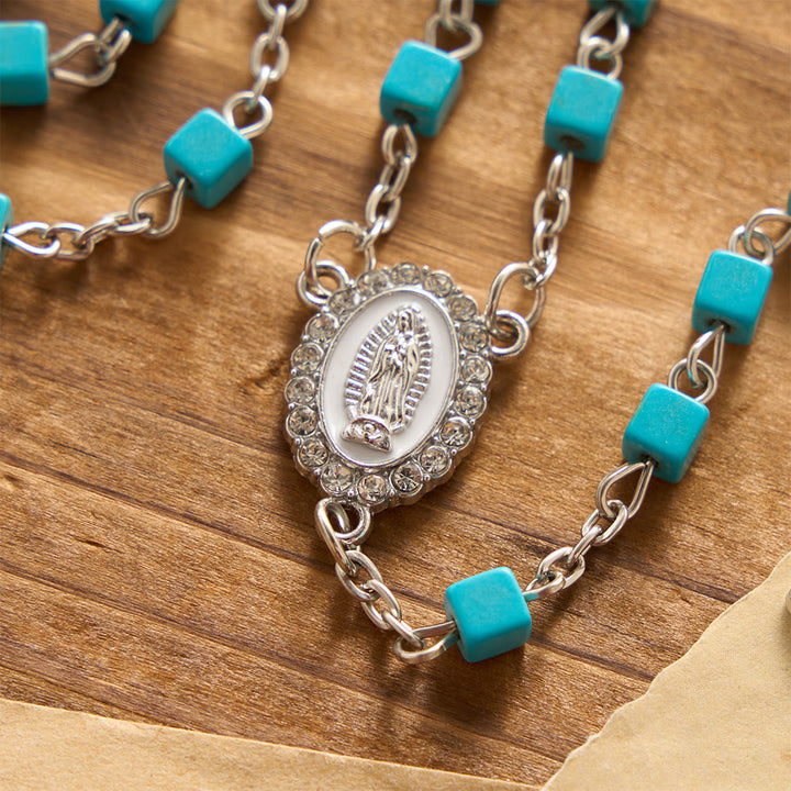 Christianartworkshop Cube Turquoise Bead Crystal Border Our Lady Prayer Rosary: Emblem of Gentle Heavenly Protection - image 4