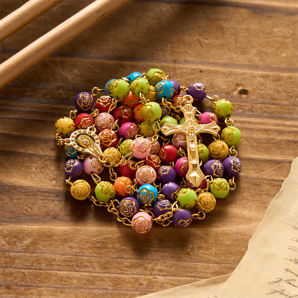 Christianartworkshop Gilded Embossed Rose Flower Bead Our Lady Crucifix Prayer Rosary: Emblem of Blossoming Divine Mercy - Rose Beaded Rosary - image 0