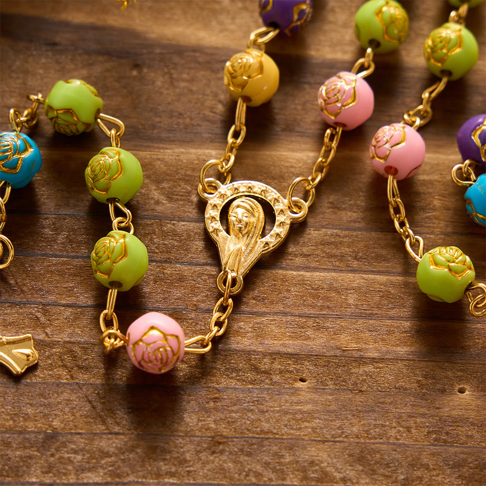 Christianartworkshop Gilded Embossed Rose Flower Bead Our Lady Crucifix Prayer Rosary: Emblem of Blossoming Divine Mercy - image 3