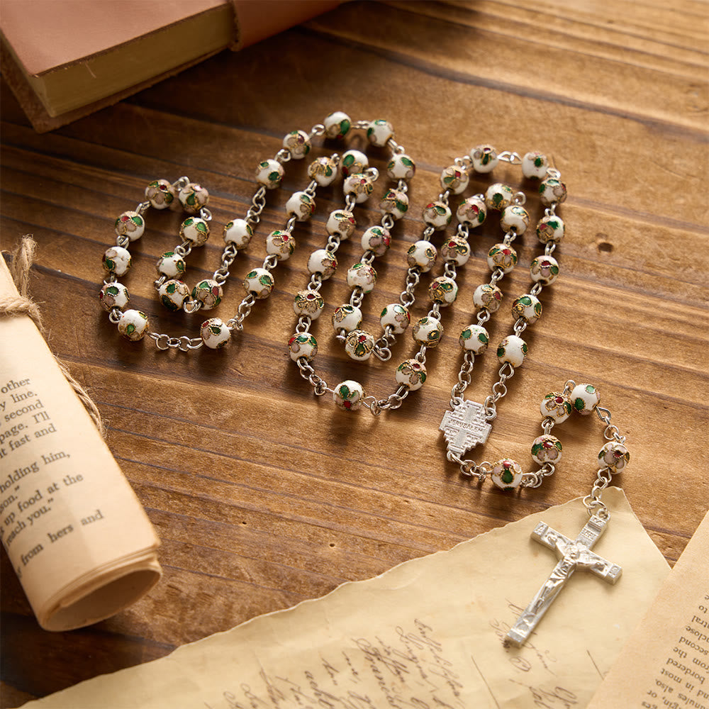 Christianartworkshop White Floral Cloisonné Jerusalem Cross Crucifix Prayer Rosary: Emblem of Timeless Guarding Divine Grace - image 1