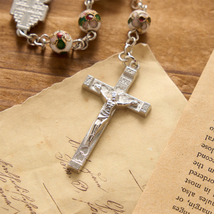 Christianartworkshop White Floral Cloisonné Jerusalem Cross Crucifix Prayer Rosary: Emblem of Timeless Guarding Divine Grace - image 4