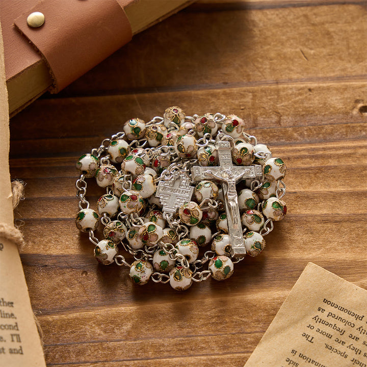 Christianartworkshop White Floral Cloisonné Jerusalem Cross Crucifix Prayer Rosary: Emblem of Timeless Guarding Divine Grace - White - image 0