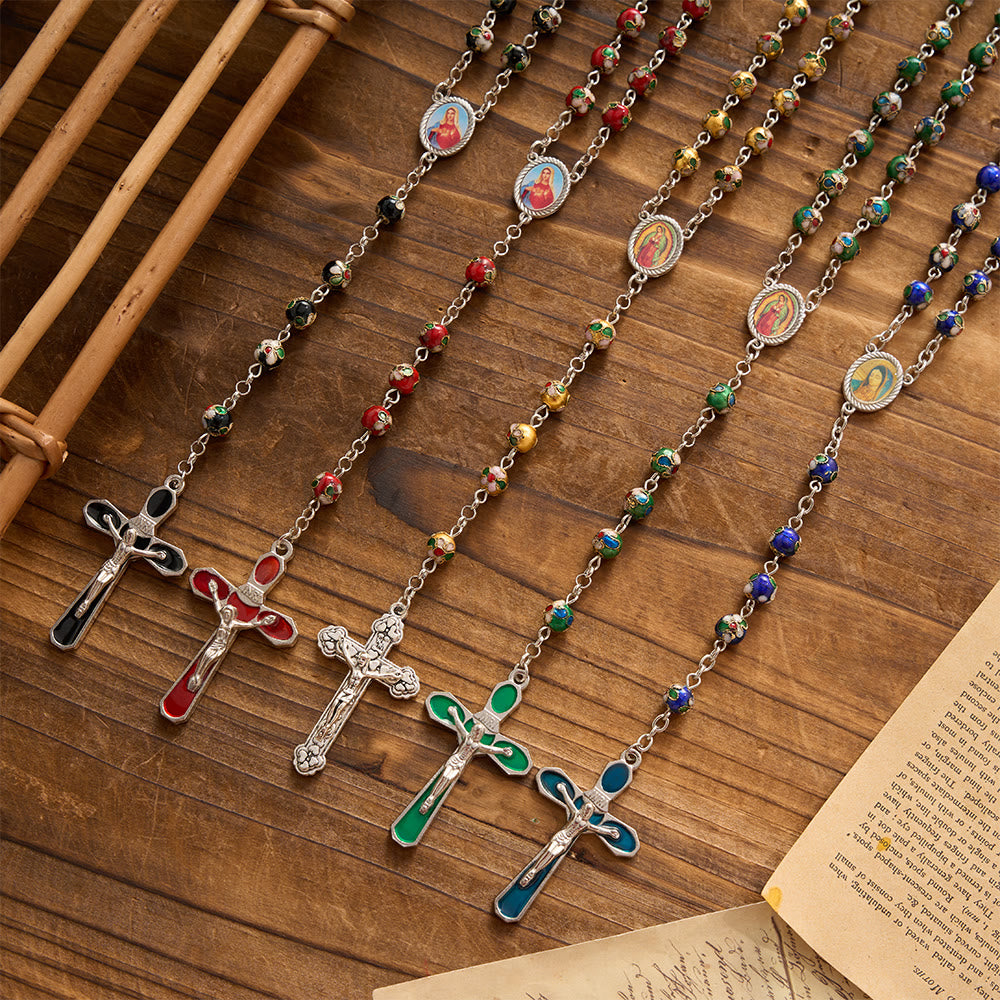 Christianartworkshop Multi-Color Floral Cloisonné Our Lady Enamel Crucifix Prayer Rosary: Emblem of Vibrant Sheltering Divine Grace - image 0