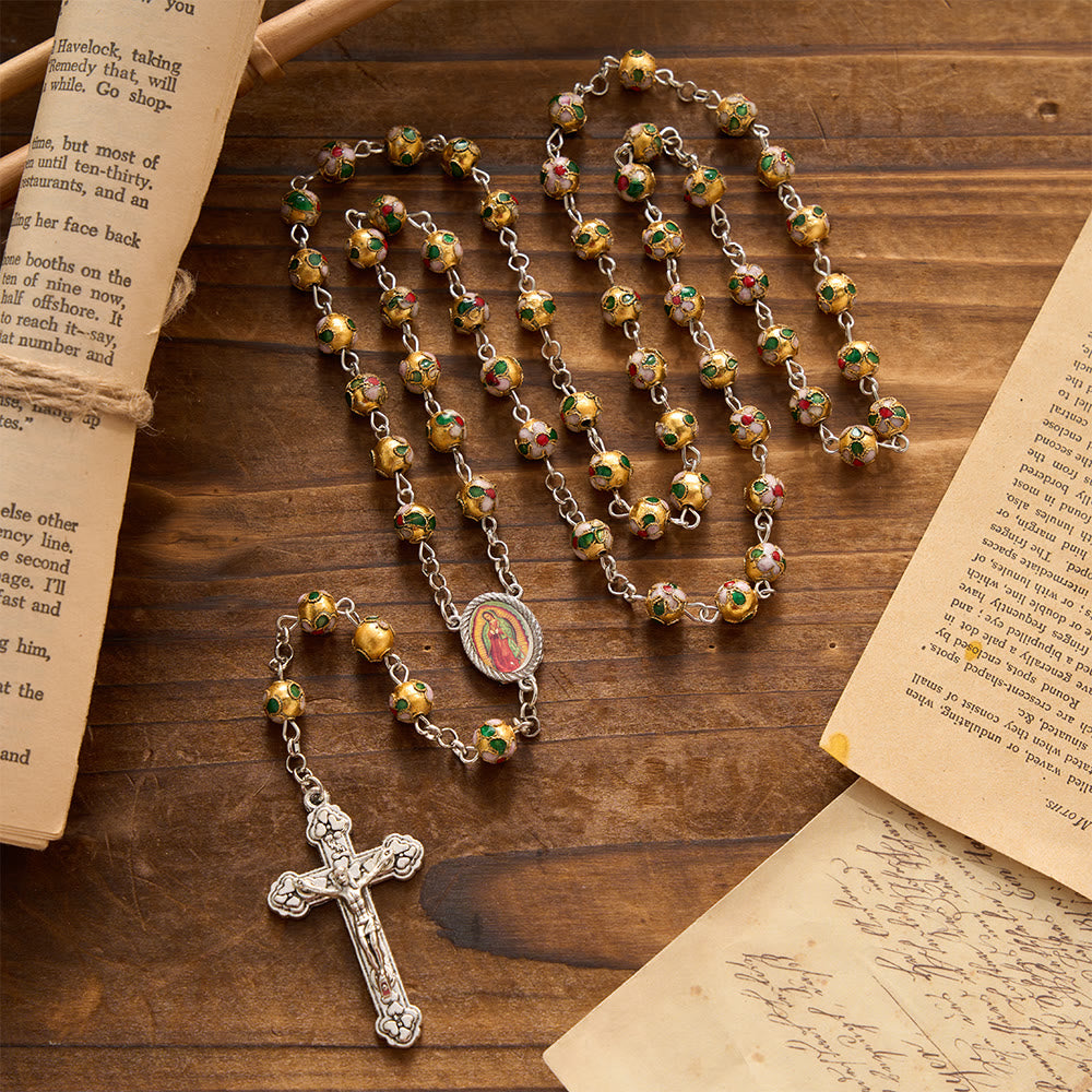 Christianartworkshop Multi-Color Floral Cloisonné Our Lady Enamel Crucifix Prayer Rosary: Emblem of Vibrant Sheltering Divine Grace - Golden - image 1