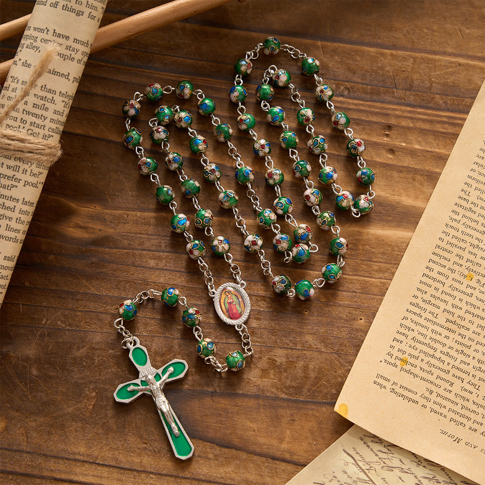 Christianartworkshop Multi-Color Floral Cloisonné Our Lady Enamel Crucifix Prayer Rosary: Emblem of Vibrant Sheltering Divine Grace - Green - image 0