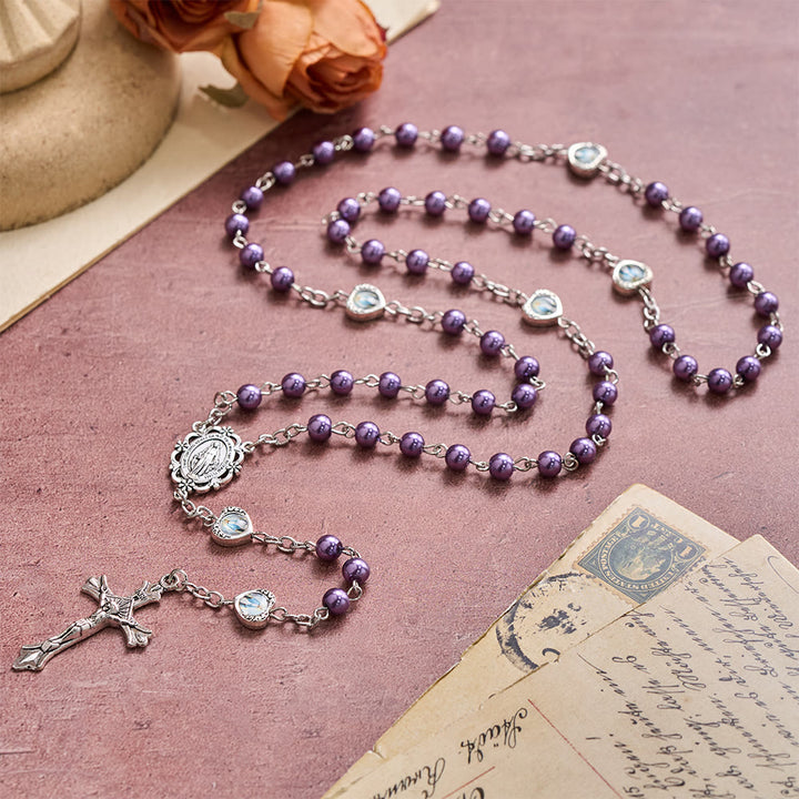 Christianartworkshop Multi-Tone Glossy Pearlescent Bead Heart Saint Portrait Prayer Rosary: Emblem of Gentle Heavenly Shelter - Purple - image 0