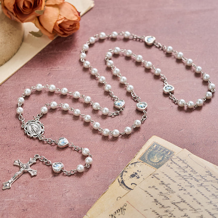 Christianartworkshop Multi-Tone Glossy Pearlescent Bead Heart Saint Portrait Prayer Rosary: Emblem of Gentle Heavenly Shelter - White - image 4