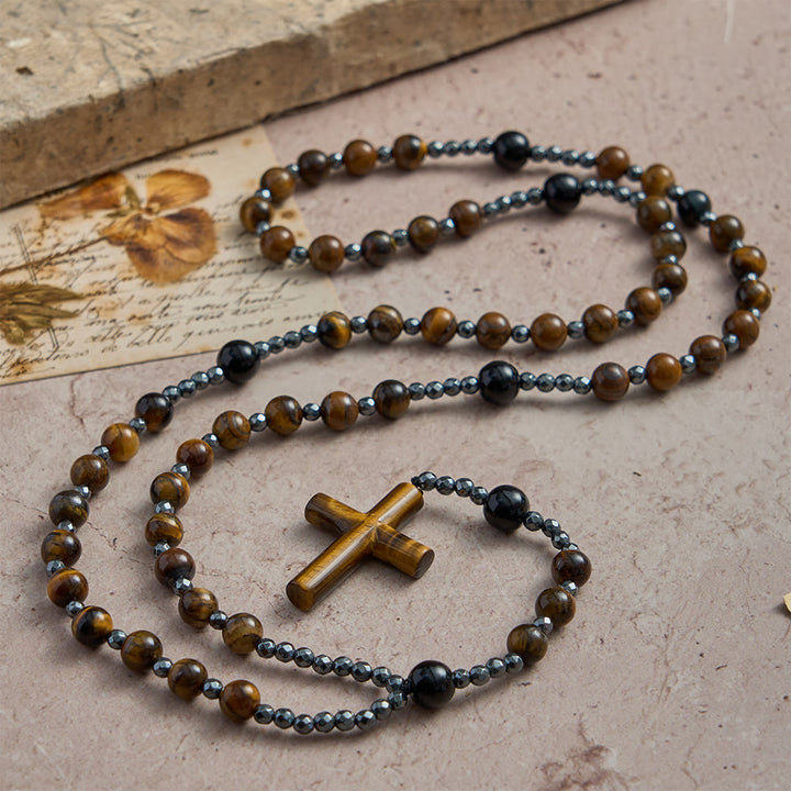 Christianartworkshop Tiger’s Eye & Obsidian Mixed Natural Stone Solid Cross Prayer Rosary: Emblem of Grounded Stabilizing Divine Grace - Tiger's Eyes Rosary - image 0
