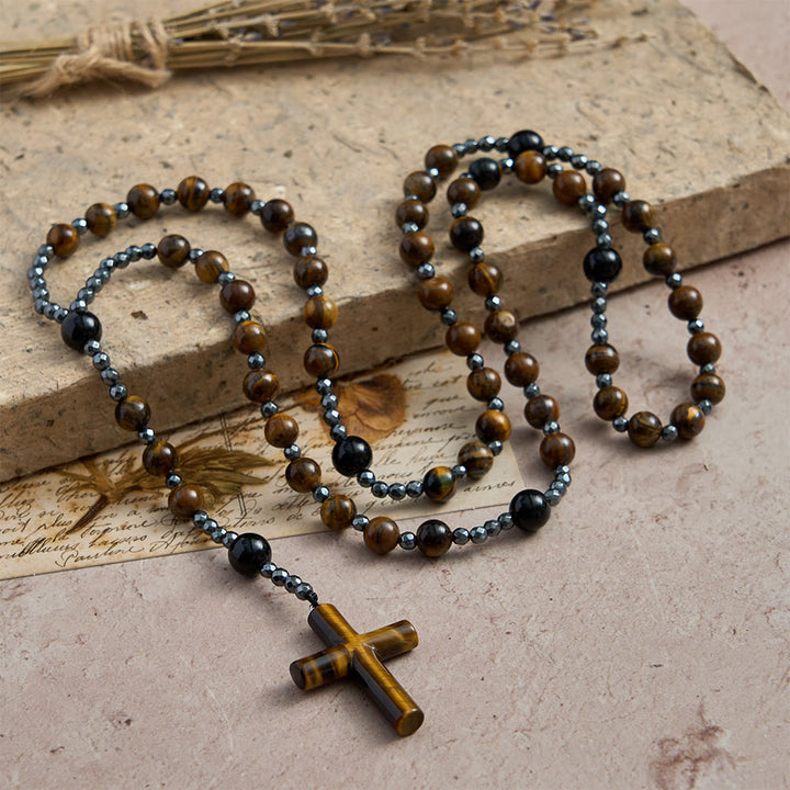 Christianartworkshop Tiger’s Eye & Obsidian Mixed Natural Stone Solid Cross Prayer Rosary: Emblem of Grounded Stabilizing Divine Grace - image 1