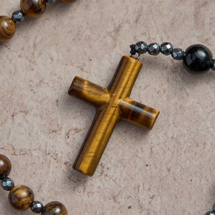 Christianartworkshop Tiger’s Eye & Obsidian Mixed Natural Stone Solid Cross Prayer Rosary: Emblem of Grounded Stabilizing Divine Grace - image 4