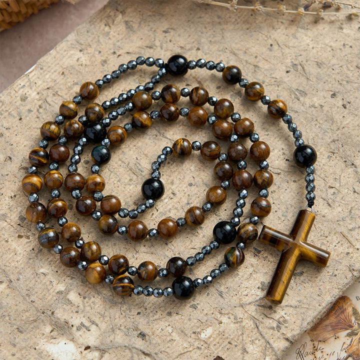 Christianartworkshop Tiger’s Eye & Obsidian Mixed Natural Stone Solid Cross Prayer Rosary: Emblem of Grounded Stabilizing Divine Grace - image 2