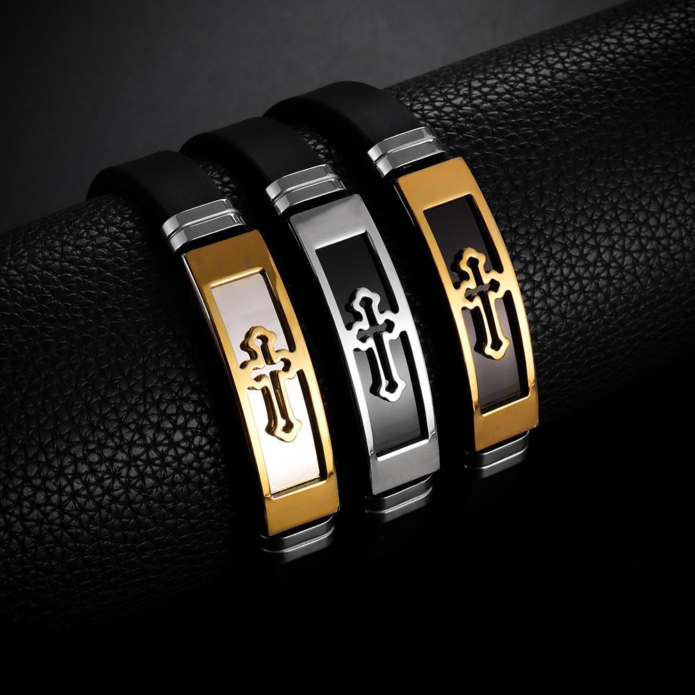 Christianartworkshop Hollow Cutout Cross Stainless Steel Silicone Wrist Bracelet: Emblem of Subtle Abiding Grace - image 0