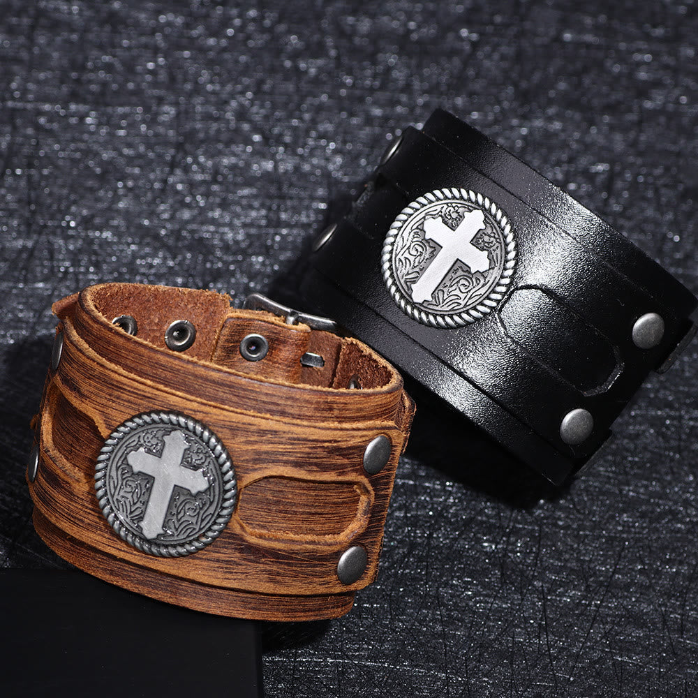 Christianartworkshop Vintage Leather Wide Cuff Embossed Cross Medallion Bracelet: Emblem of Grounded Steadfast Grace - image 0